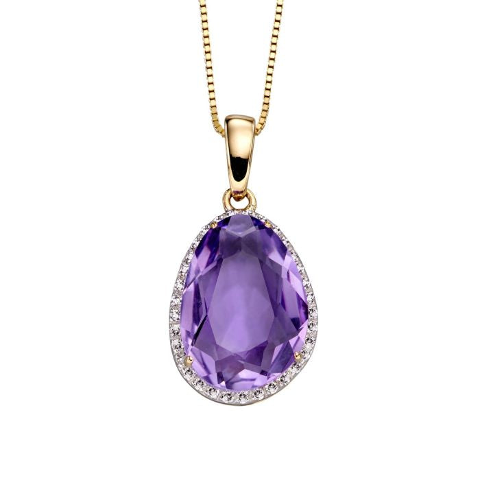 Amethyst and Diamond Oval Pendant in 9ct Gold