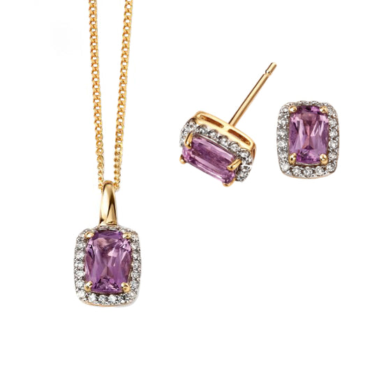 Cushion Cut Amethyst and Diamond Matching Set in 9ct Gold